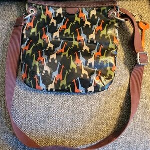 Fossil KeyPer Black Giraffe Coated Canvas Shoulder Bag Purse EUC